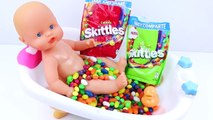 Baby Doll Bath Time In Skittles Candies Baby How to Bath a Baby Toy Videos