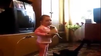 Funny Baby Crying to a kitten and cat Mom