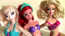 Barbie Becomes DISNEY PRINCESS Ariel the Little Mermaid with Elsa Color Changing Bath Paint