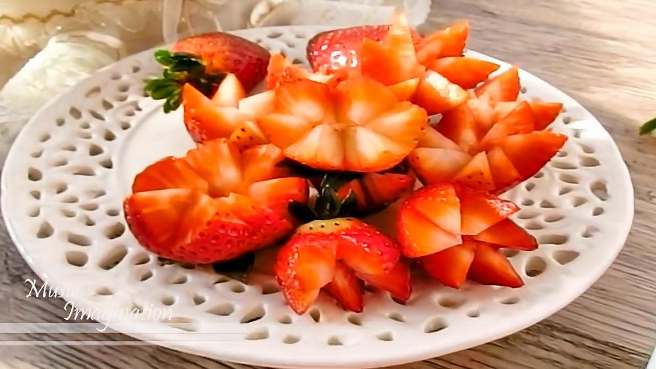 Art In Strawberry Flowers _ Strawberry Art Red Flower _ Fruit Carving Strawberries Garnishes