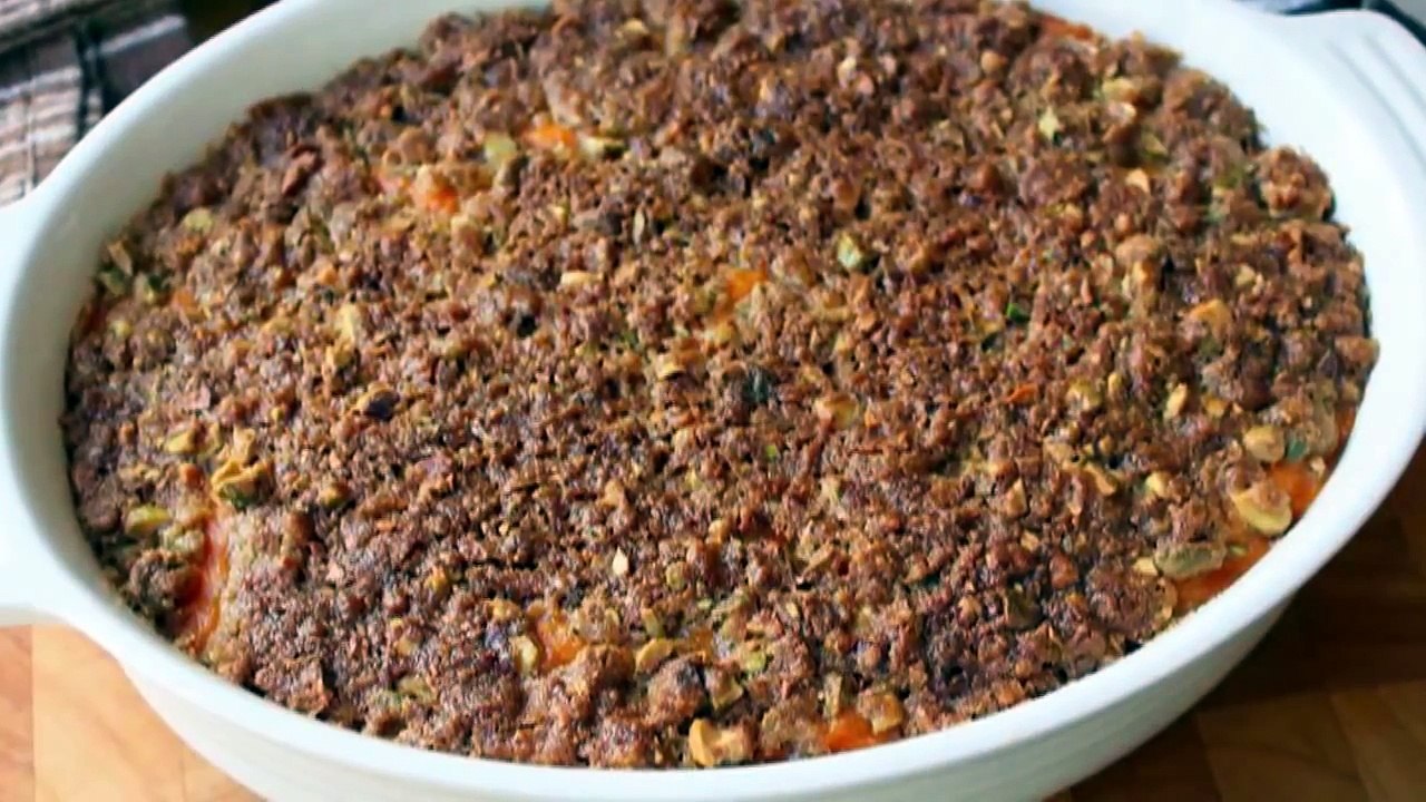 Sweet Potato Casserole with Pistachio Crust - Thanksgiving Sweet Potato Casserole Side Dish Recipe