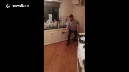 Impressive forward roll pancake toss and catch