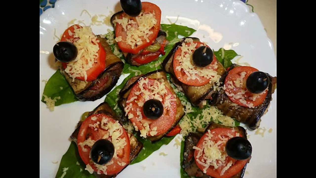 Блюда из баклажан.Рулетики из баклажан. Закуска из овощей и мяса. Красивое оформление