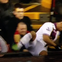 Liverpool fan's reaction to Gabby Agbonlahor going over the advertising hoardings