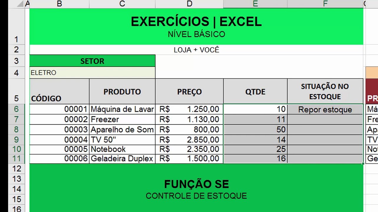 APRENDIZADO LIVRE %7C FUNCAO SE %7C CONTROLE DE ESTOQUE %7C EXERCICIO 3 - NIVEL BASICO