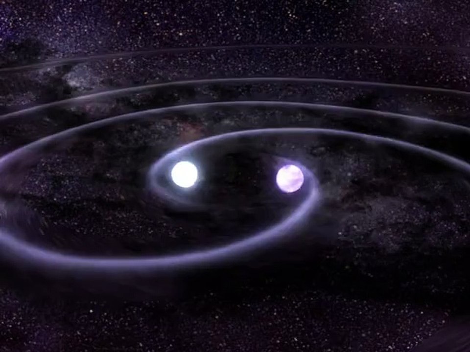 Représentation des ondes gravitationnelles émises par la fusion de deux trous noirs