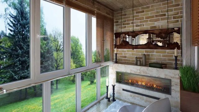 Дизайн балкона 4 кв. м с камином и с видом на лес