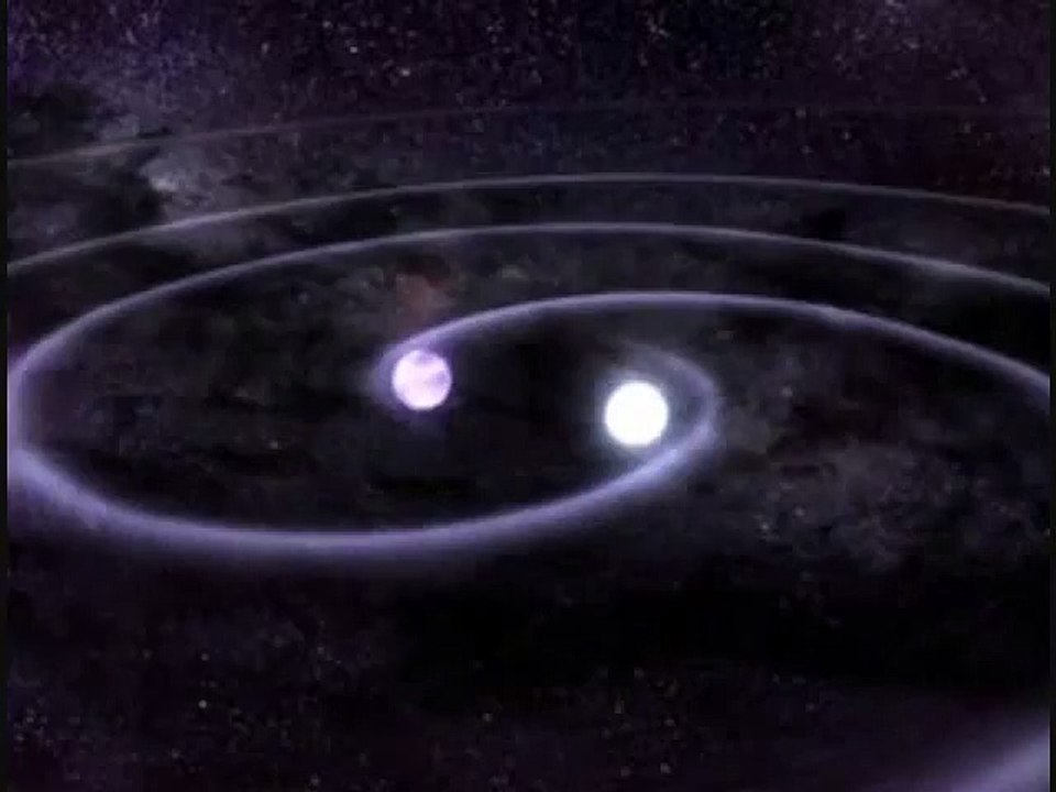 Démonstration des ondes gravitationnelles après la collision de 2 naines blanches.