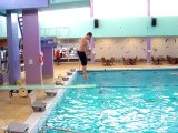 sliped from diving board of sweeming pool