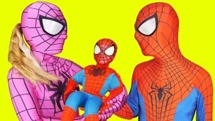 Pink Spidergirl and Spiderman with Spiderbaby in Real Life Superhero Parents