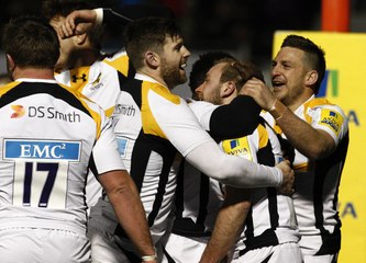 Dan Robson and Elliot Daly post Saracens