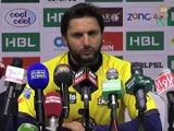 HBL PSL Post-Match Press Confrence Shahid Afridi of Peshawar Zalmi at at Sharjah Cricket Association Stadium