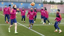 FC Barcelona training session: The team congratulates Messi for his 300 La Liga goals