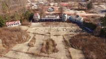 Aerial Drone view of closed old amusement park near Cleveland Ohio - Geauga Lake