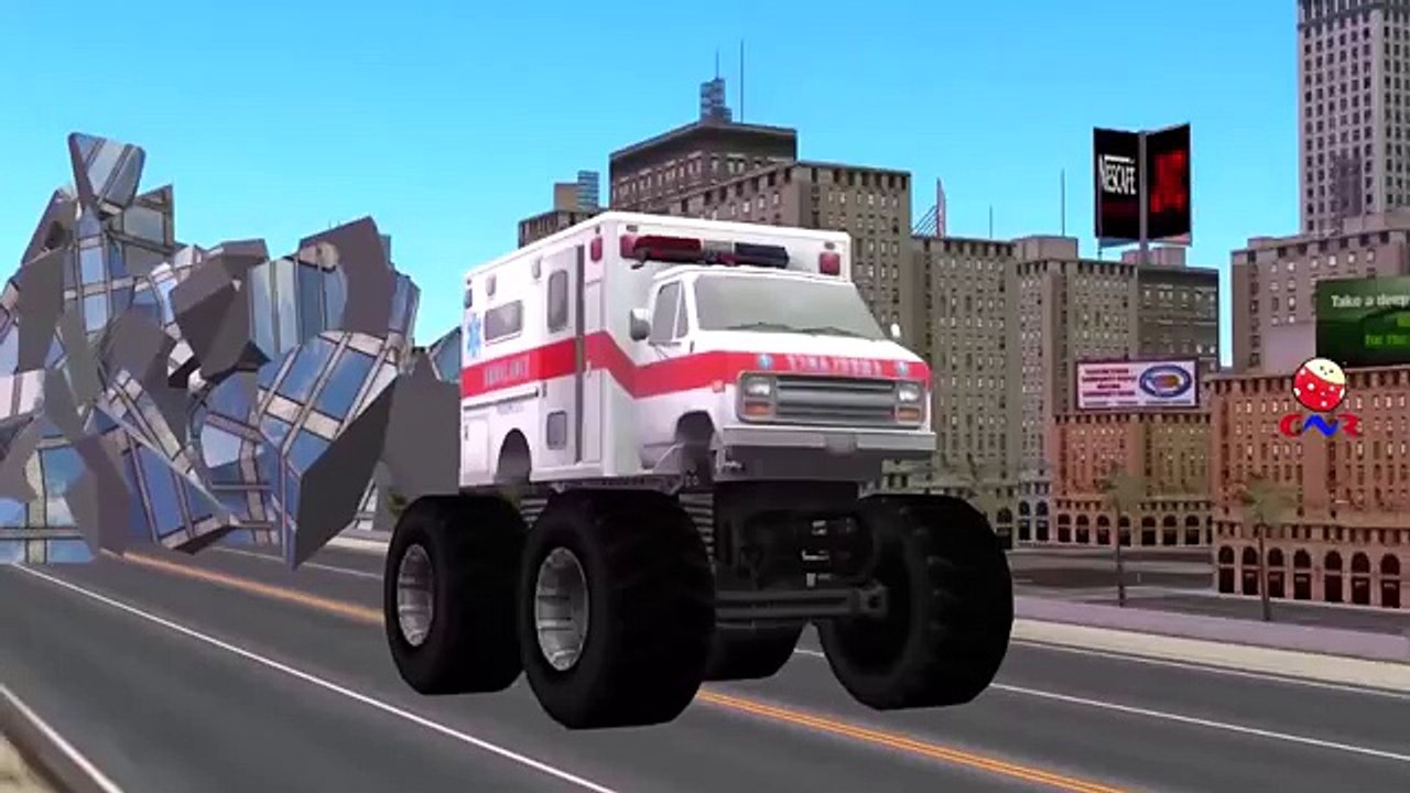 Ambulance Monster Trucks - Train Hitting Ambulance Monster Truck Compilation Video For Children