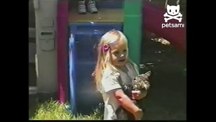 Little girl gets chased by kitten