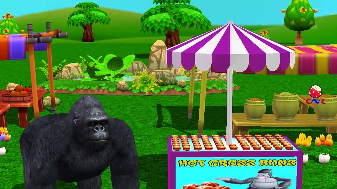 Dinosaurs, King Kong And Godzilla Cartoons Singing Hot Cross Buns Children Nursery Rhymes