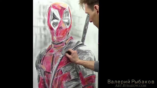 Как рисовать Дэдпул портрет пастелью - ускоренное видео. Художник Рыбаков.