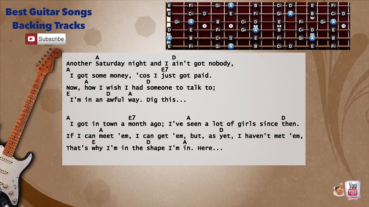 Another Saturday Night - Sam Cooke Guitar Backing Track with scale, chords and lyrics