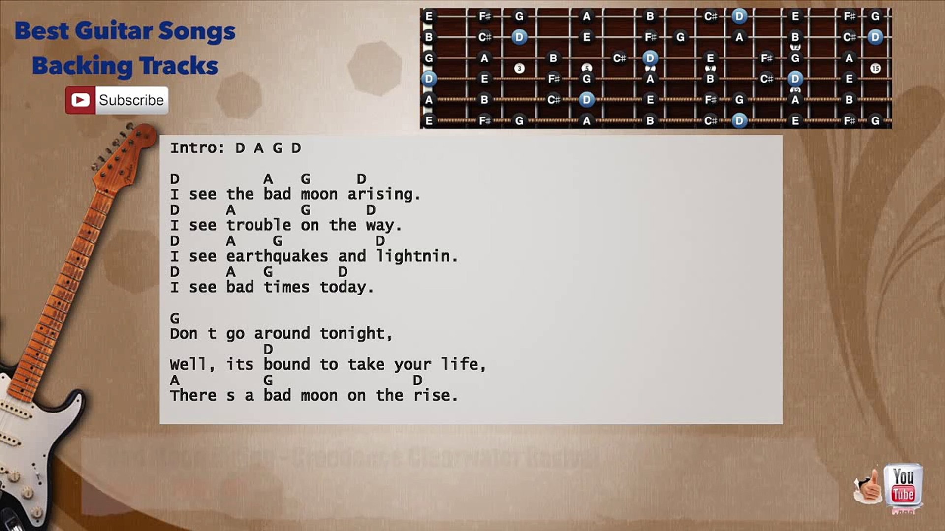 ⁣Bad Moon Rising - Creedence Clearwater Revival Guitar Backing Track with scale, chords and lyrics
