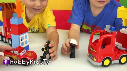 Mater on FIRE! Firetruck + Superman, Batman Help. Lightning McQueen Disney Cars Mater Hobb