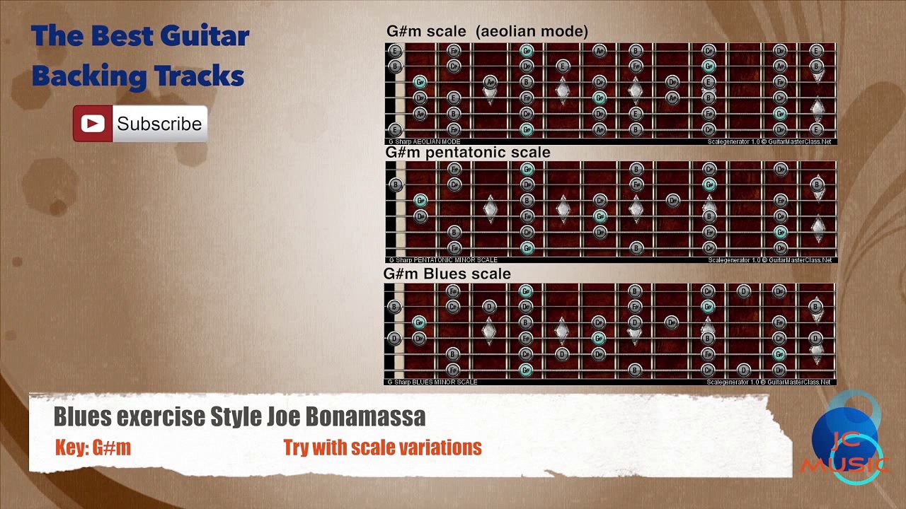 Blues Exercise style Joe Bonamassa in G#m Guitar Backing Track with scales