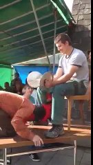 funny boy try to be hen looks amazing