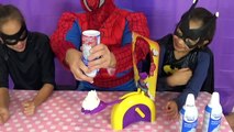 Spiderman Pie Face Game Catwoman vs Batgirl In Real Life! Little SuperHero Kids Fun