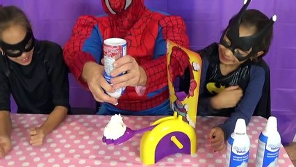 Spiderman Pie Face Game Catwoman vs Batgirl In Real Life! Little SuperHero Kids Fun