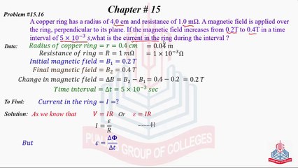 Problem No 15.16 : A copper ring has a radius of 4 cm and resistance of .....