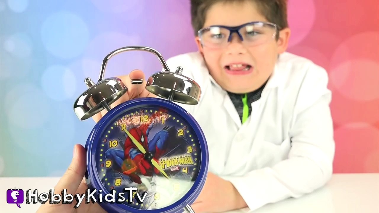 Whats in a Spiderman Clock? Take Apart Alarm + Surprise. Science Lab w/HobbyPig by HobbyKidsTV
