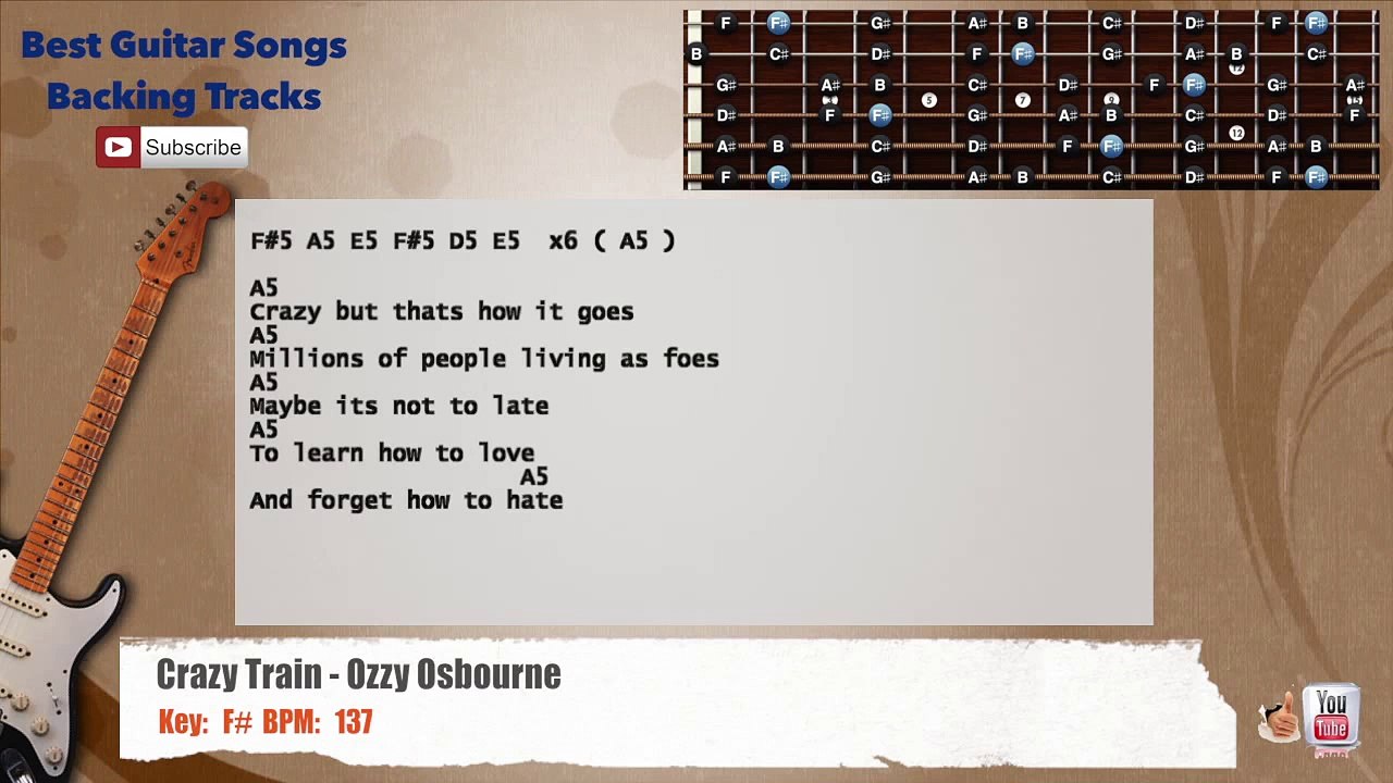 Crazy Train - Ozzy Osbourne Guitar Backing Track with vocal chords and lyrics
