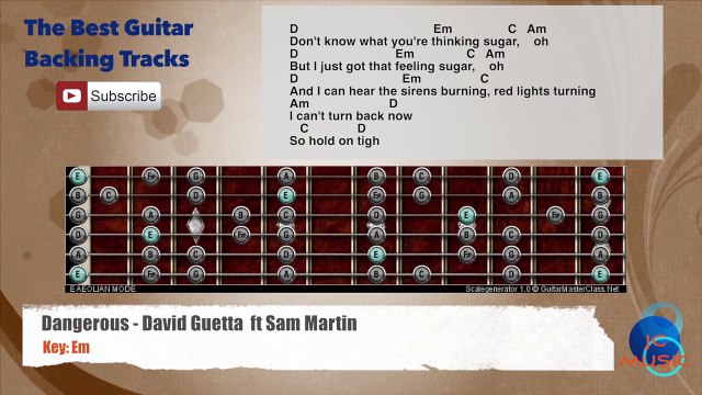 Dangerous - David Guetta ft Sam Martin Guitar Backing Track scale, chords and lyrics
