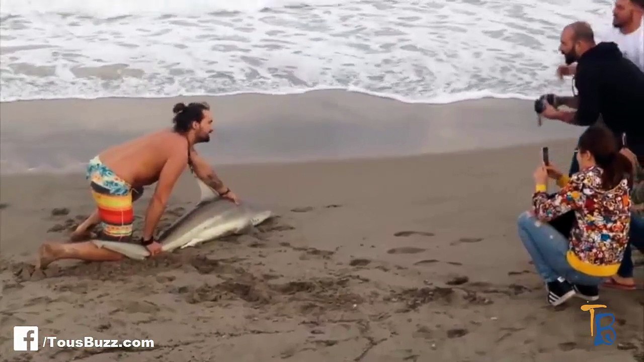 Il sort un requin de l'eau pour prendre une photo