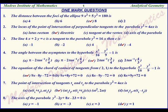 +2 ANALYTICAL GEOMETRY ONE MARK QUESTIONS AND ANSWERS