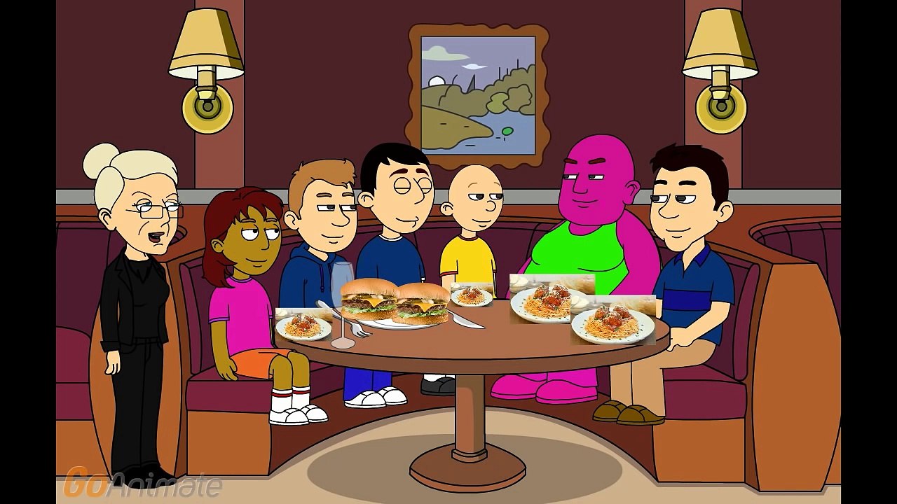 Caillou, Barney, Joe, and Dora missbehave at a dinner party and get grounded