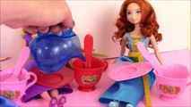 Cinderella Snow White Merida Rapunzel Barbie Dolls Disney Princess Tea Party! Play Doh Cookies