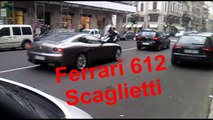Ferrari 612 Scaglietti with chrome wheels accelerate and makes a low rev