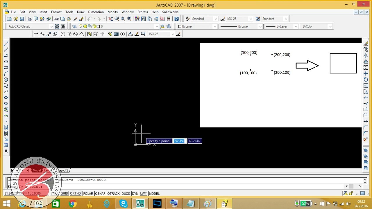 Kastamonu Üniversitesi Makine Mühendisliği AutoCAD 2007 Ders1 Point komutu OSNAP kare çizimi