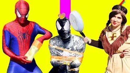 Spiderman vs Venom vs Pcahontas - Bath Time Prank - Real Life Fun Superheroes Movie