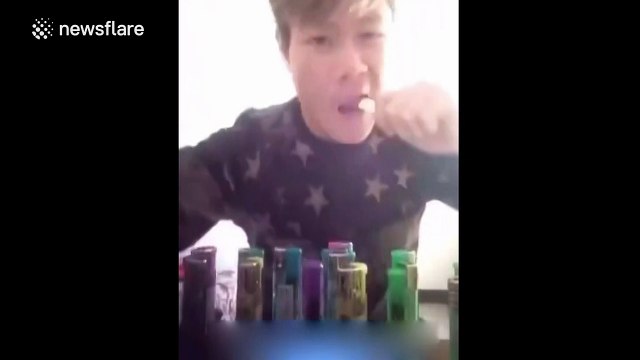 Man chomps cigarette lighters