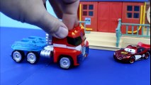 Disney Pixar Cars Lightning McQueen gets saved by Transformers Optimus Prime Bane Joker
