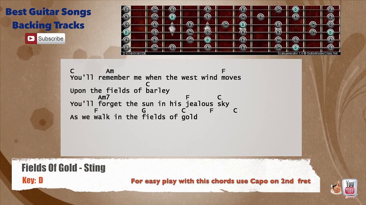 Fields Of Gold - Sting Guitar Backing Track with scale, chords and lyrics