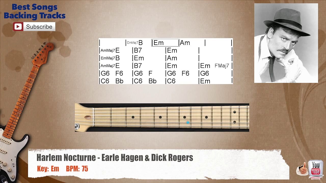 Harlem Nocturne - Earle Hagen & Dick Rogers Guitar Backing Track with dynamic chords and fretboard