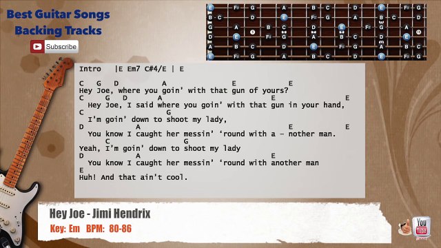 Hey Joe - Jimi Hendrix Guitar Backing Track with scale, chords and lyrics