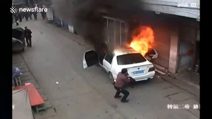 Children throw firecracker into car, setting it on fire