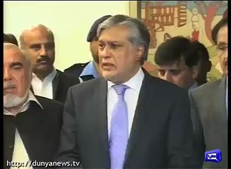 Finance minister Ishaq Dar talking to media at FBR.