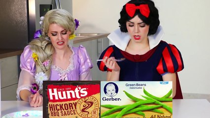 Rapunzel vs Snow White Baby Food Challenge for Kids. DisneyToysFan.
