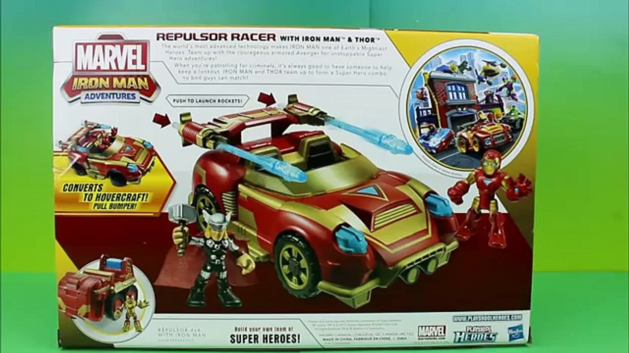 Playskool Heroes Ironman Adventures Repulsor Racer with Ironman & Thor defeat Green Goblin & Bane