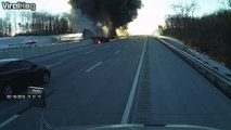 18-Wheeler loses control and explodes against barrier on the New Jersey Turnpike.